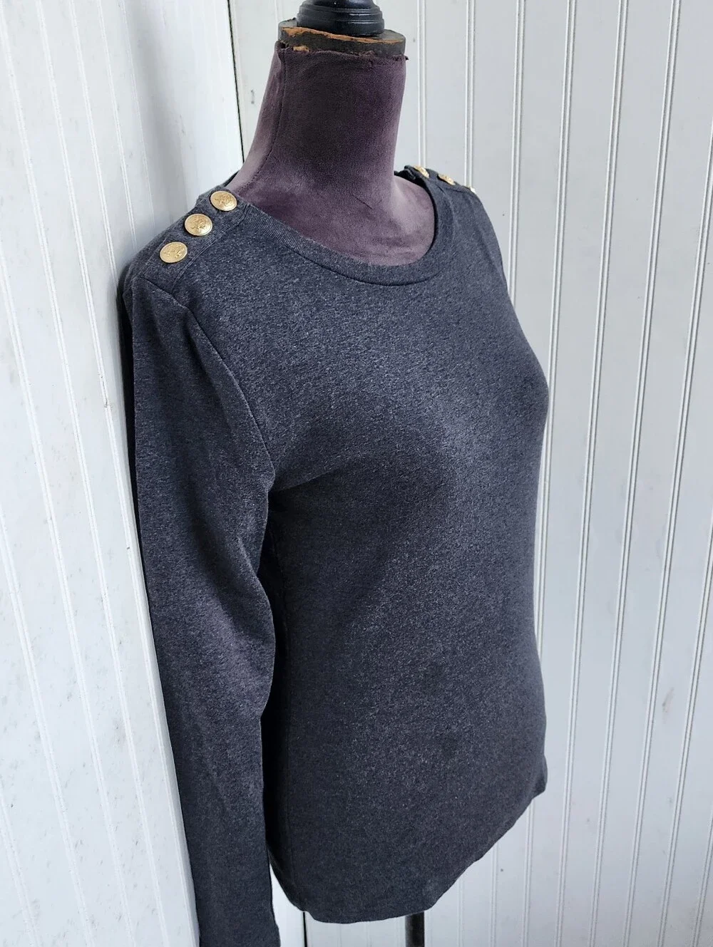 J.Crew Charcoal Gray Long-Sleeve Perfect Tee Gold Button Shoulders 100% Cotton M